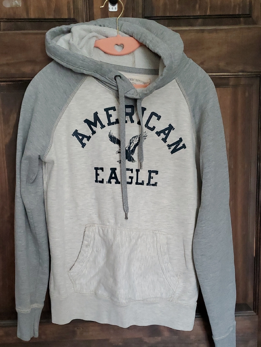 American Eagle Outfitters Light Gray and Gray Raglan Hoodie with Navy Logo